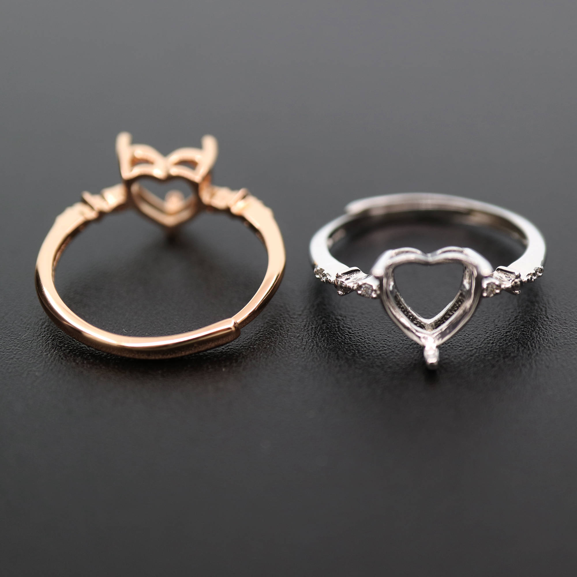 6-9MM heart shape bezel rose gold silver Gemstone CZ stone prong bezel solid 925 sterling silver adjustable ring settings 1294139 - Click Image to Close